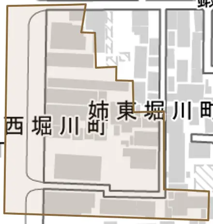 姉東堀川町とその周辺の地図。町の範囲を重ねている
