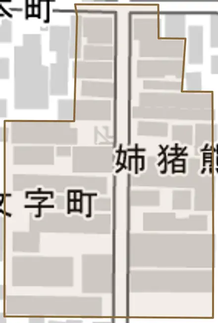 姉猪熊町とその周辺の地図。町の範囲を重ねている