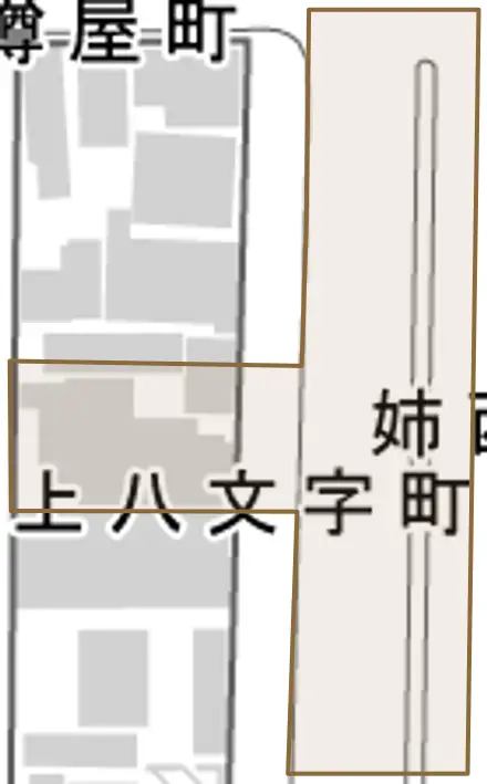 姉西堀川町とその周辺の地図。町の範囲を重ねている