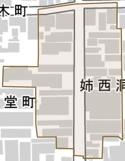 姉西洞院町とその周辺の地図。町の範囲を重ねている