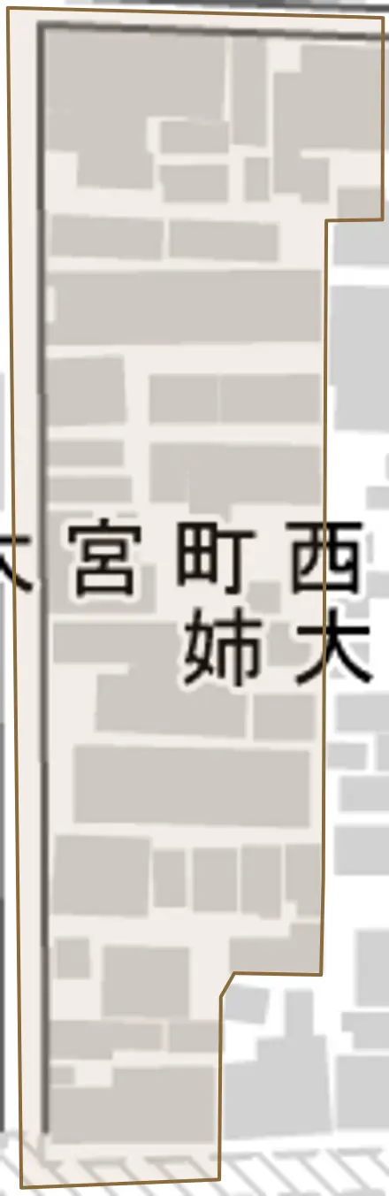 姉大宮町東側とその周辺の地図。町の範囲を重ねている