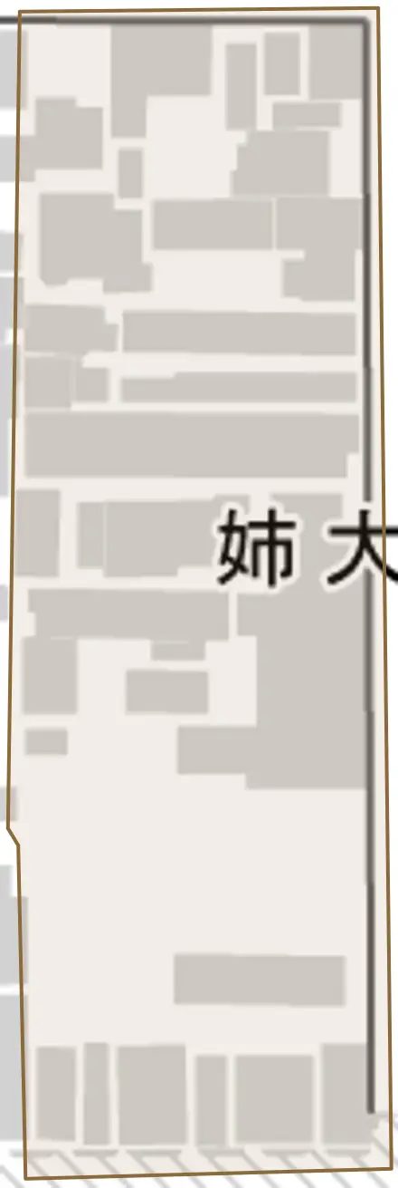 姉大宮町西側とその周辺の地図。町の範囲を重ねている