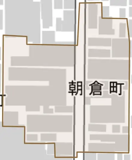 朝倉町とその周辺の地図。町の範囲を重ねている