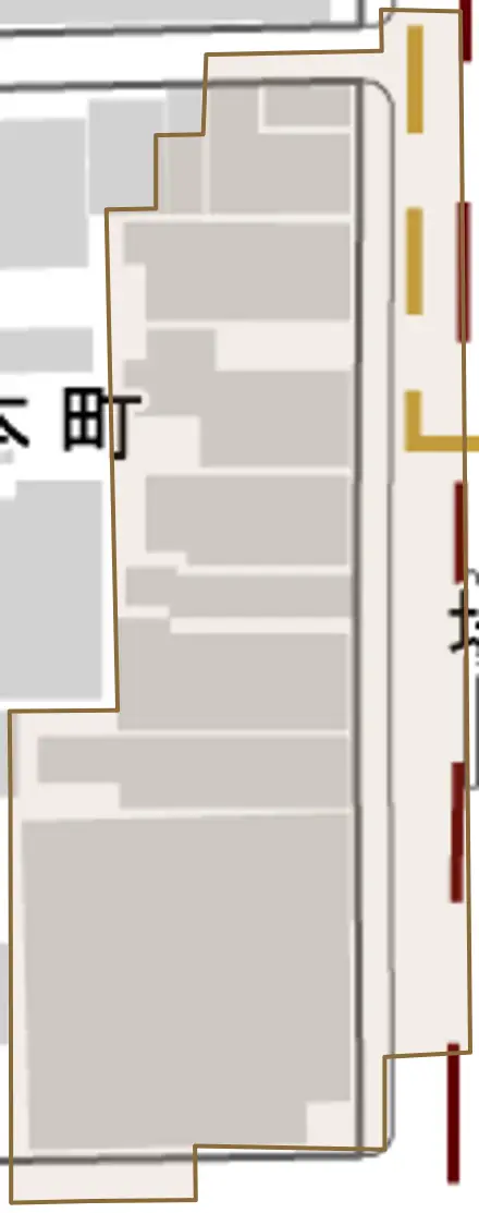 場之町とその周辺の地図。町の範囲を重ねている