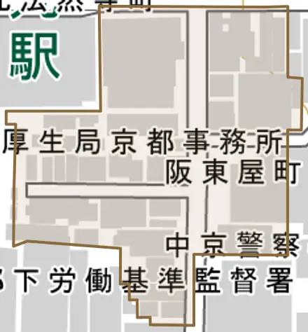 阪東屋町とその周辺の地図。町の範囲を重ねている