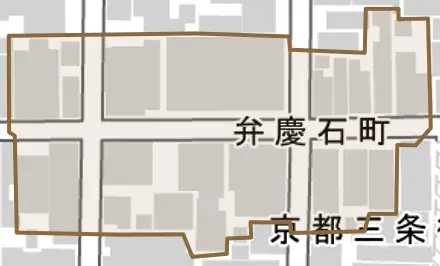 弁慶石町とその周辺の地図。町の範囲を重ねている