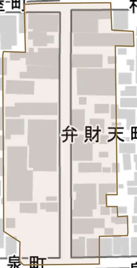 弁財天町とその周辺の地図。町の範囲を重ねている