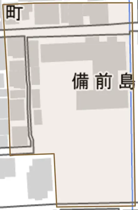 備前島町とその周辺の地図。町の範囲を重ねている