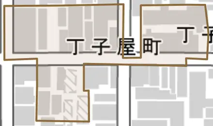 丁子屋町とその周辺の地図。町の範囲を重ねている