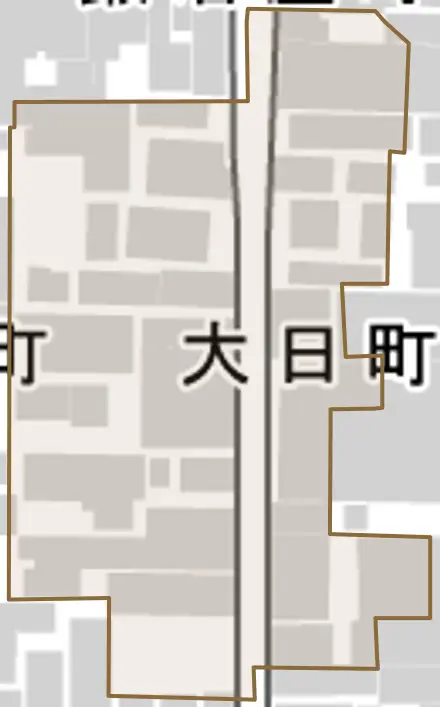 大日町とその周辺の地図。町の範囲を重ねている