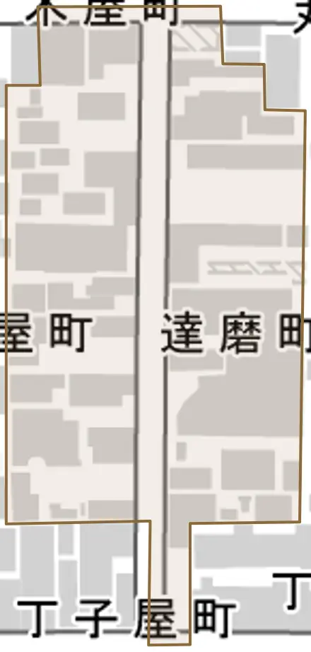 達磨町とその周辺の地図。町の範囲を重ねている