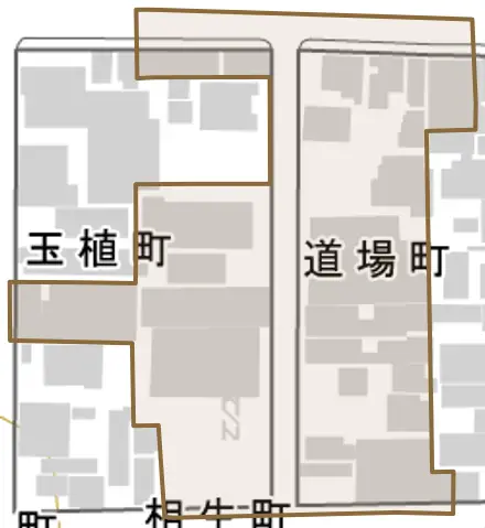 道場町とその周辺の地図。町の範囲を重ねている