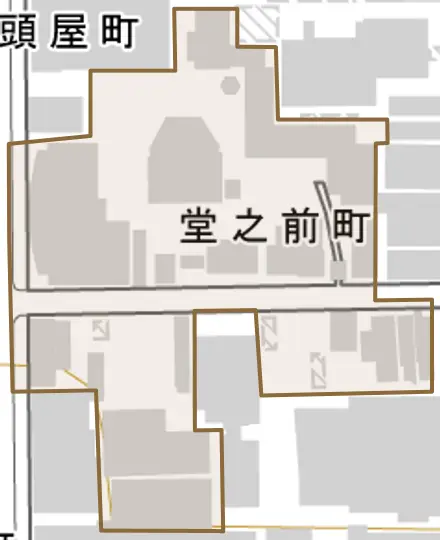 堂之前町とその周辺の地図。町の範囲を重ねている