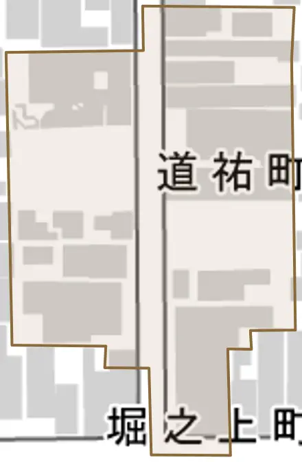 道祐町とその周辺の地図。町の範囲を重ねている