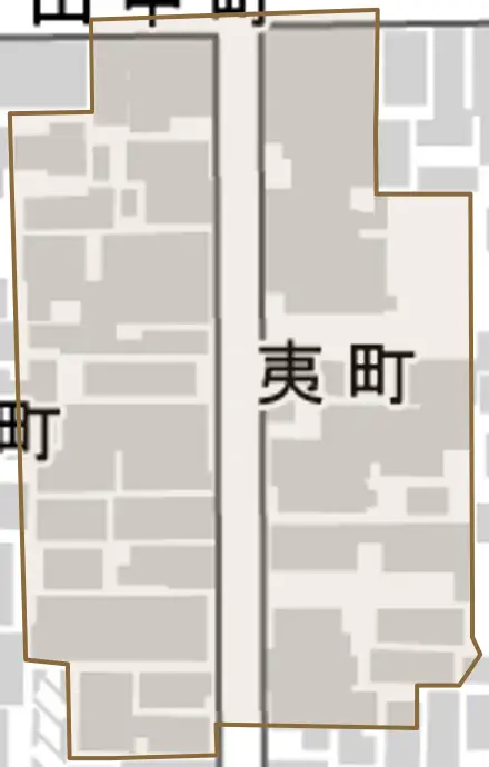 夷町とその周辺の地図。町の範囲を重ねている