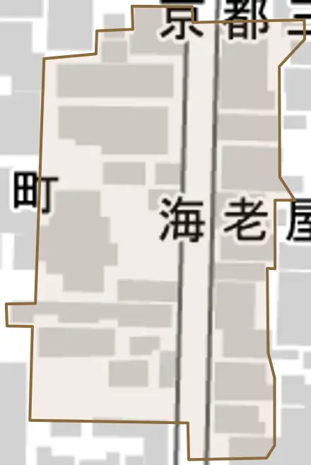 海老屋町とその周辺の地図。町の範囲を重ねている