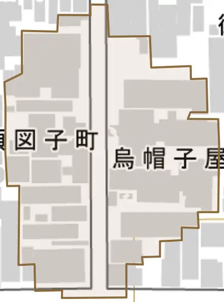 烏帽子屋町とその周辺の地図。町の範囲を重ねている