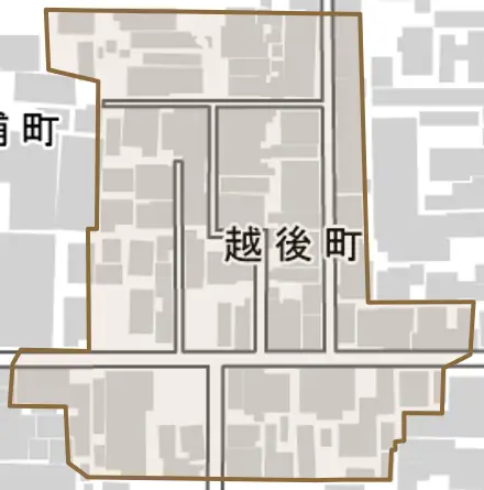 越後町とその周辺の地図。町の範囲を重ねている