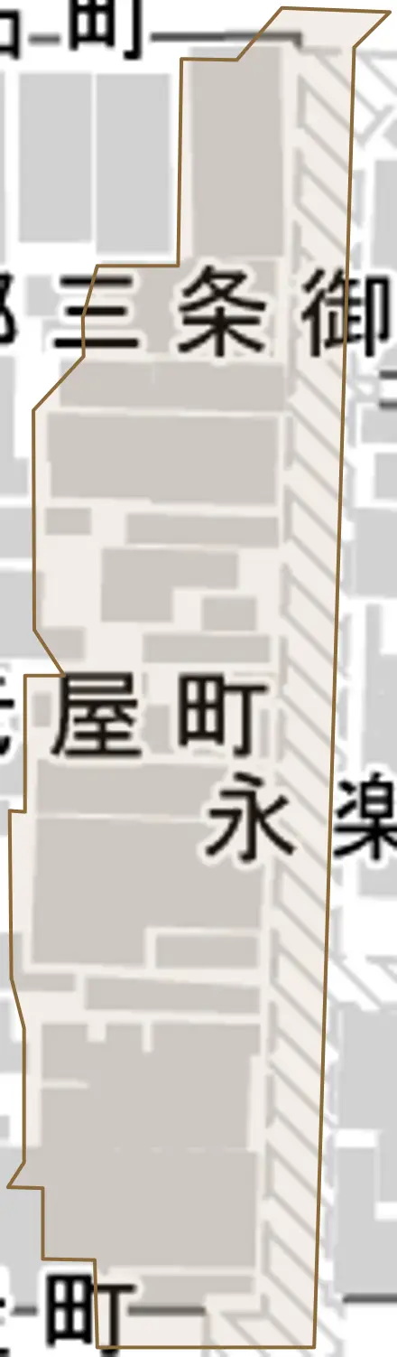 永楽町とその周辺の地図。町の範囲を重ねている