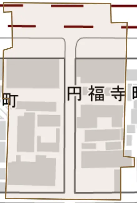 円福寺町とその周辺の地図。町の範囲を重ねている