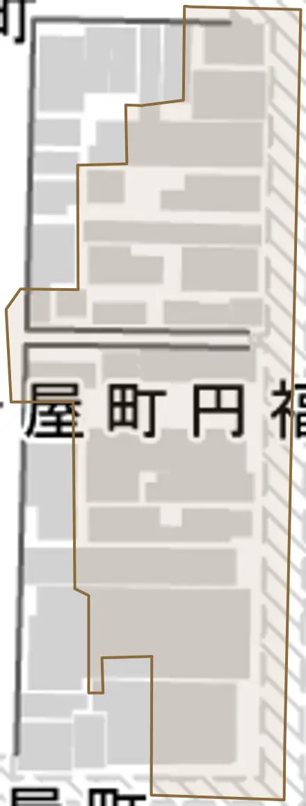 円福寺前町とその周辺の地図。町の範囲を重ねている