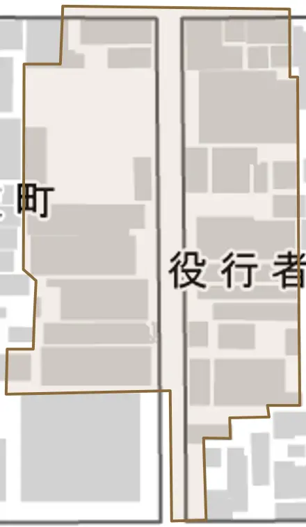 役行者町とその周辺の地図。町の範囲を重ねている