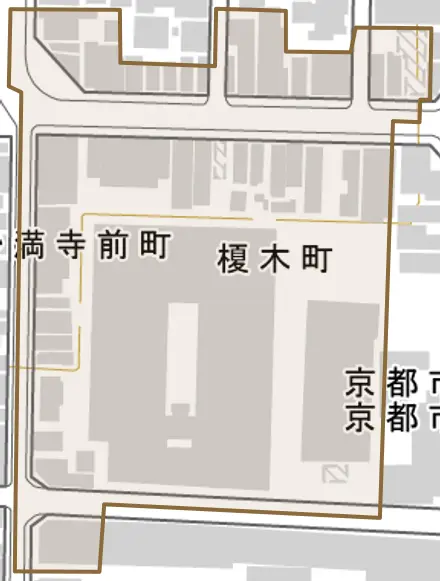 榎木町とその周辺の地図。町の範囲を重ねている