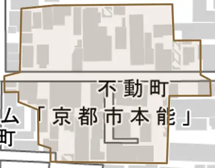 不動町とその周辺の地図。町の範囲を重ねている