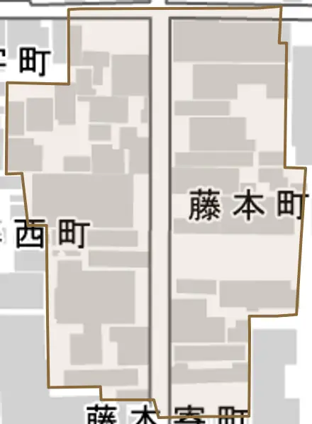 藤本町とその周辺の地図。町の範囲を重ねている