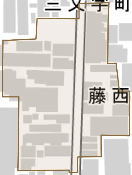 藤西町とその周辺の地図。町の範囲を重ねている