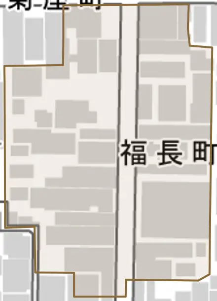 福長町とその周辺の地図。町の範囲を重ねている