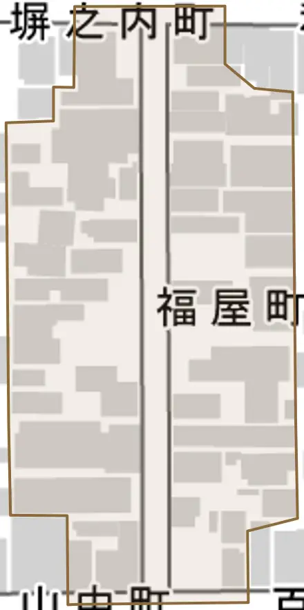 福屋町とその周辺の地図。町の範囲を重ねている