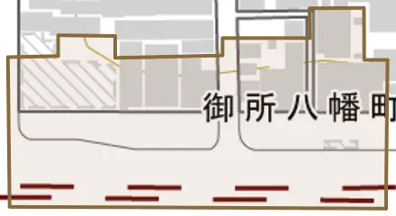 御所八幡町とその周辺の地図。町の範囲を重ねている