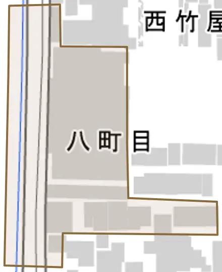 八町目とその周辺の地図。町の範囲を重ねている