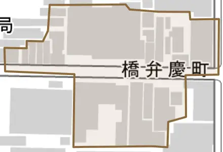 橋弁慶町とその周辺の地図。町の範囲を重ねている