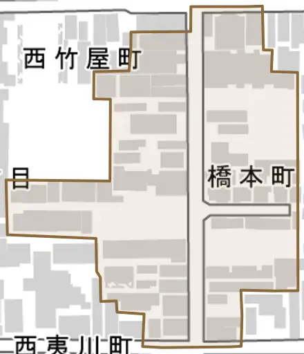 橋本町とその周辺の地図。町の範囲を重ねている