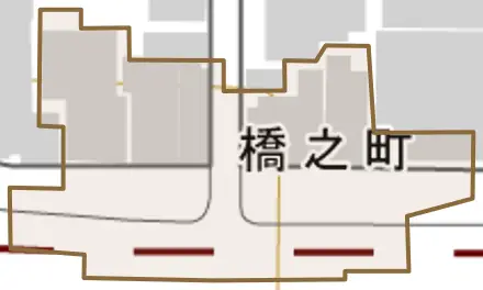 橋之町とその周辺の地図。町の範囲を重ねている