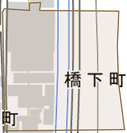 橋下町とその周辺の地図。町の範囲を重ねている