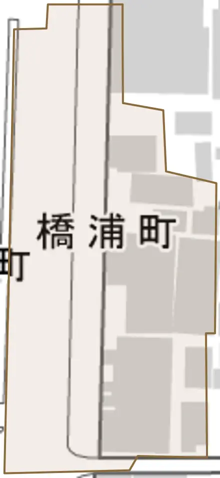 橋浦町とその周辺の地図。町の範囲を重ねている
