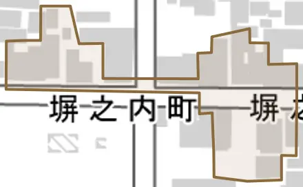 塀之内町とその周辺の地図。町の範囲を重ねている