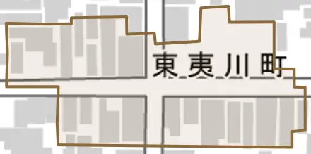 東夷川町とその周辺の地図。町の範囲を重ねている