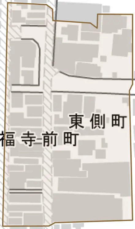 東側町とその周辺の地図。町の範囲を重ねている