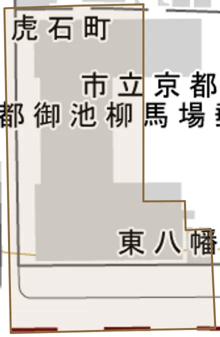 東八幡町とその周辺の地図。町の範囲を重ねている