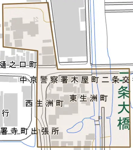 東生洲町とその周辺の地図。町の範囲を重ねている