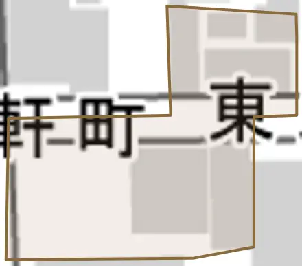 東九軒町とその周辺の地図。町の範囲を重ねている
