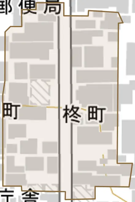 柊町とその周辺の地図。町の範囲を重ねている