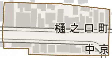樋之口町とその周辺の地図。町の範囲を重ねている