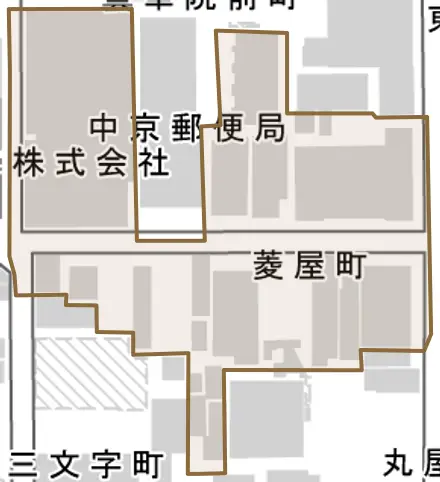 菱屋町とその周辺の地図。町の範囲を重ねている