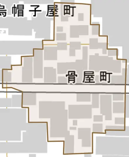 骨屋町とその周辺の地図。町の範囲を重ねている