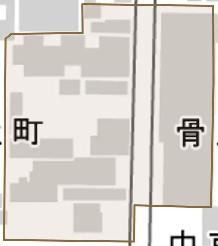 骨屋之町とその周辺の地図。町の範囲を重ねている